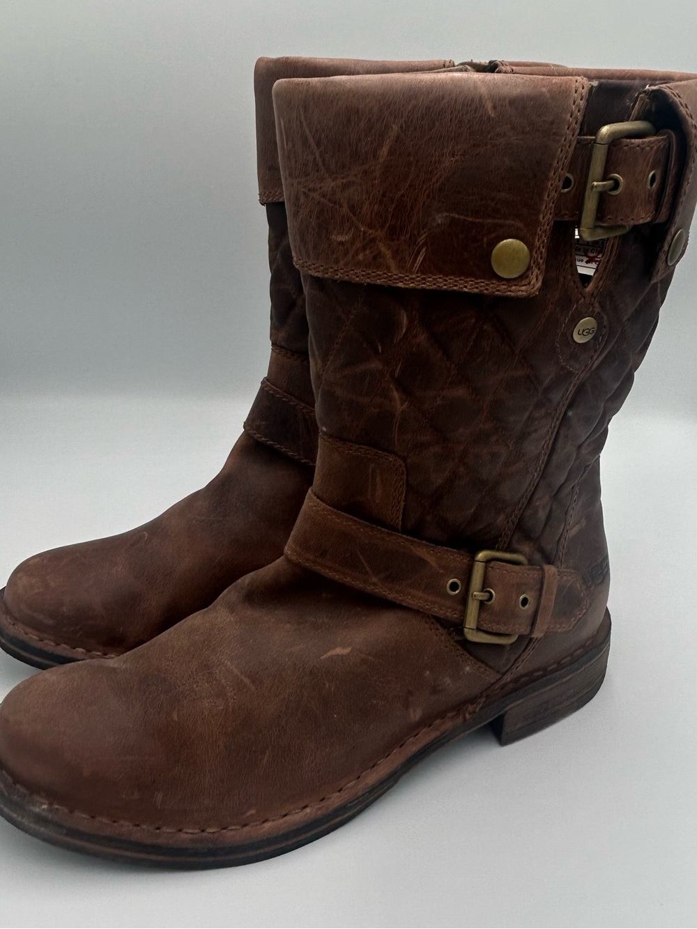 UGG Conor Brown Leather Quilted Moto Boots Size 7.5 Women’s Buckles